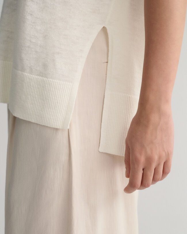 Pull sans manches col V en lin m&eacute;lang&eacute;