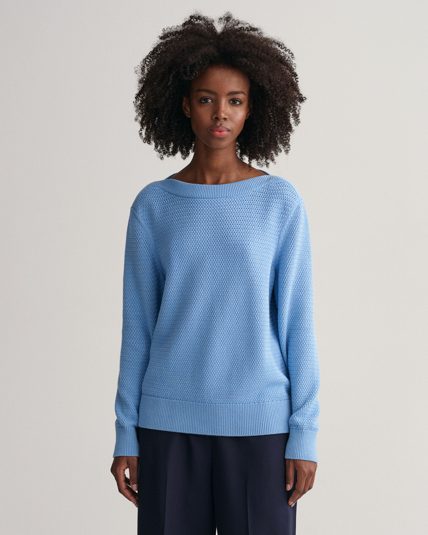 Textured sweater met boothals van katoen