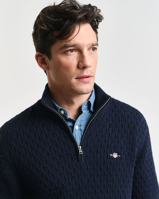 Pull à demi-zip en coton texturé