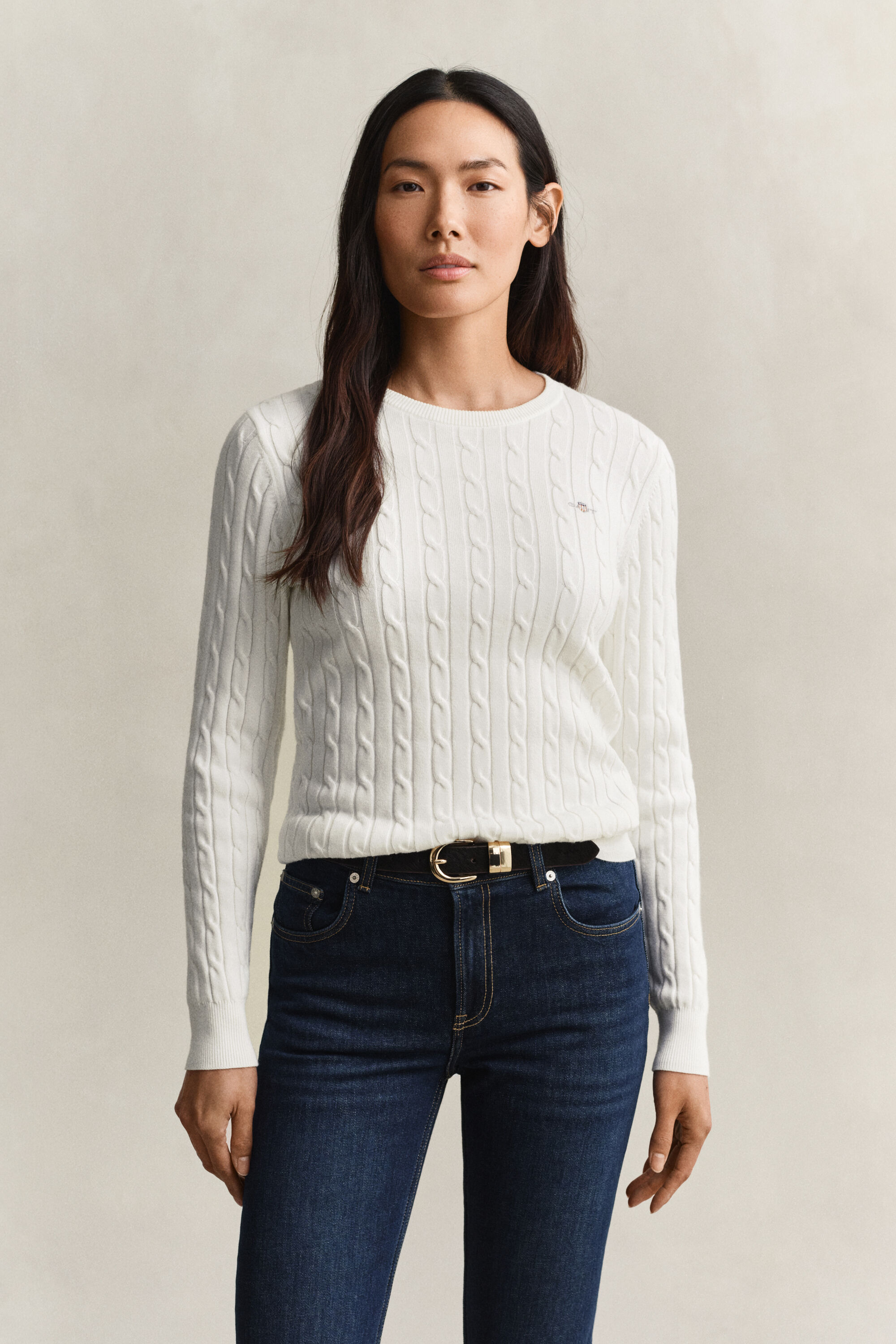Pull col rond en maille de coton stretch à torsades