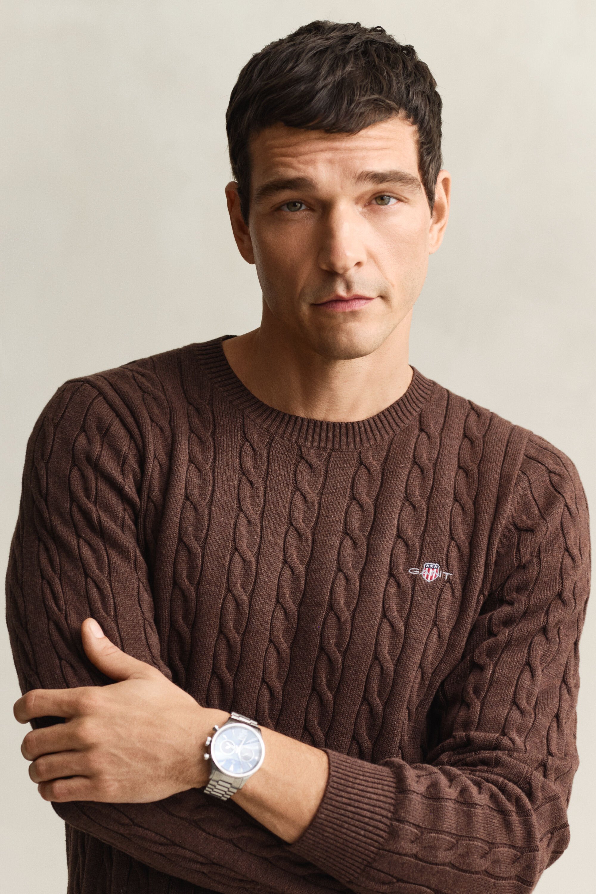 Katoenen gebreide kabeltrui met ronde hals