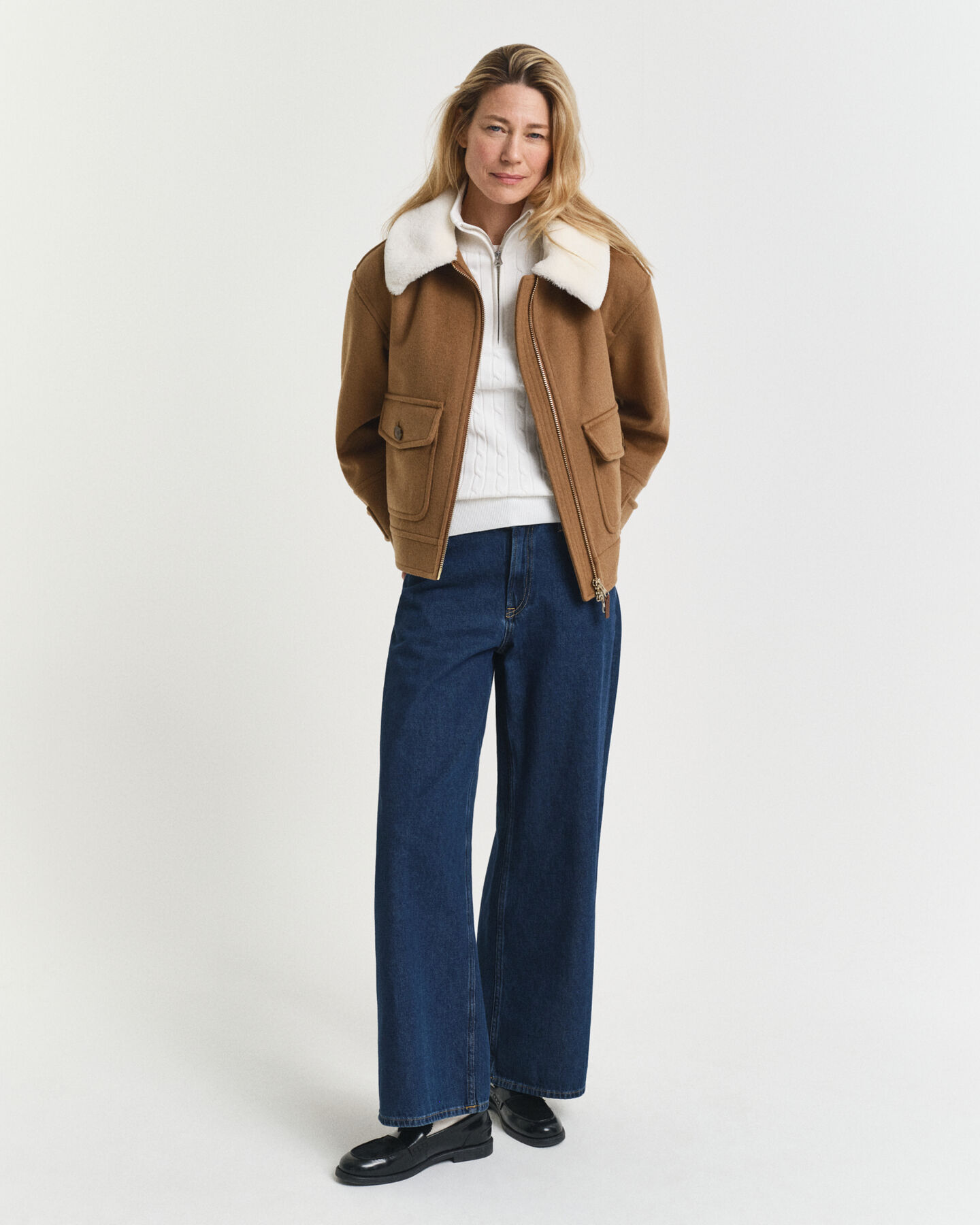 Kabelgebreide trui met korte rits van stretchkatoen