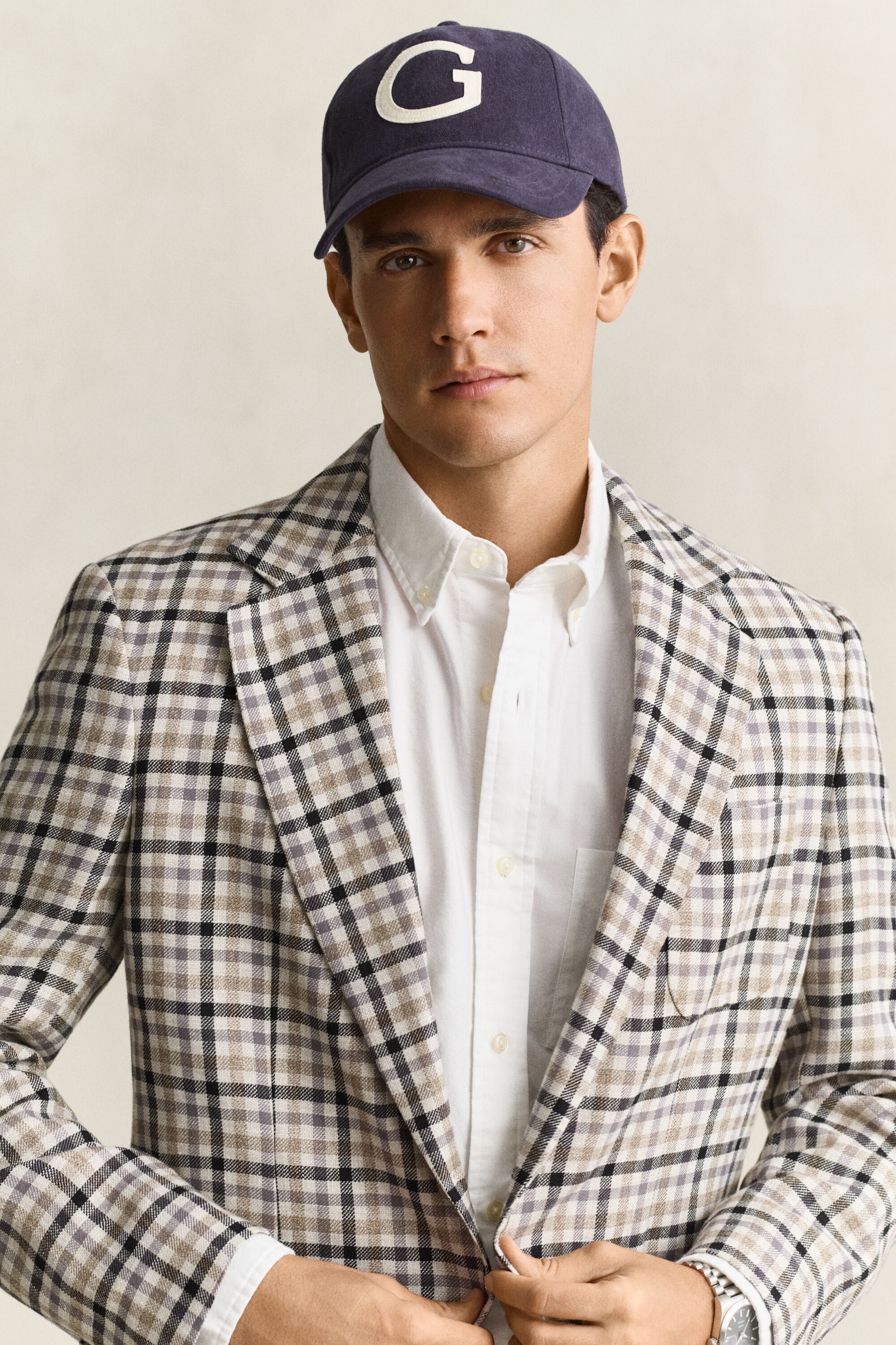 Geruite blazer van wol en linnen