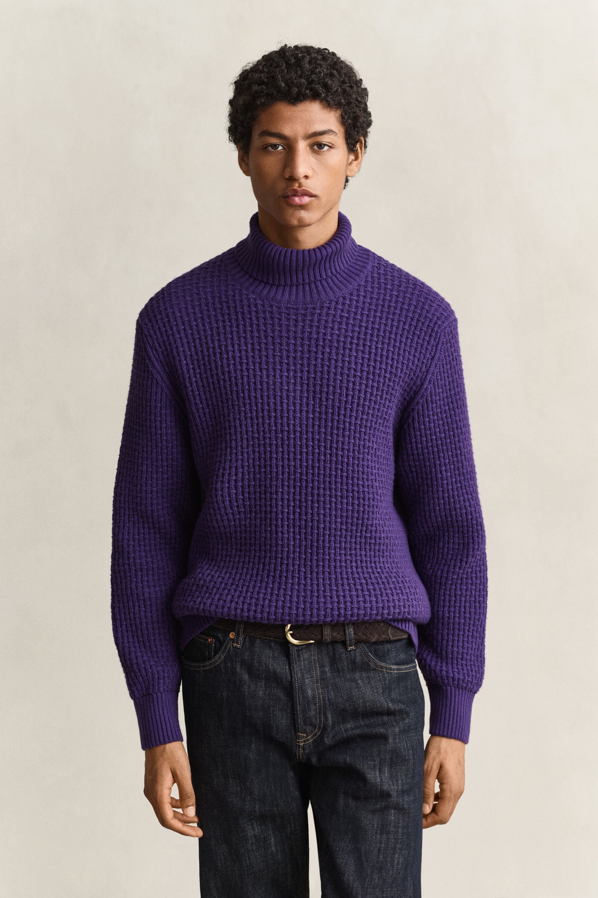 Pull texturé à col roulé en coton et laine