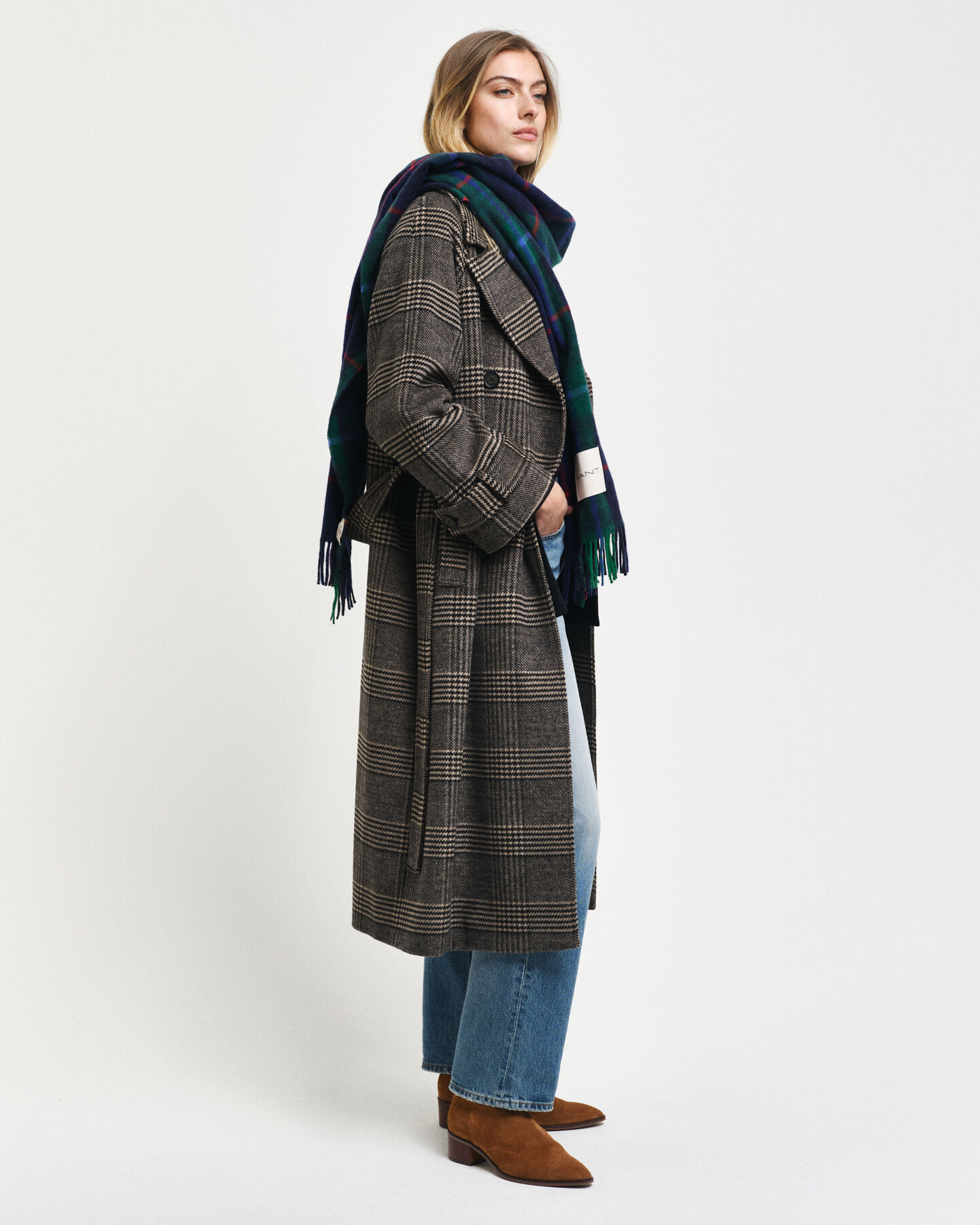 Trench-coat en laine à carreaux