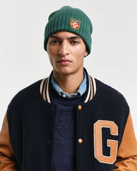 Wollen beanie met badge