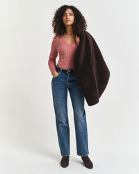 Gebreide kabeltrui met V-hals van stretchkatoen