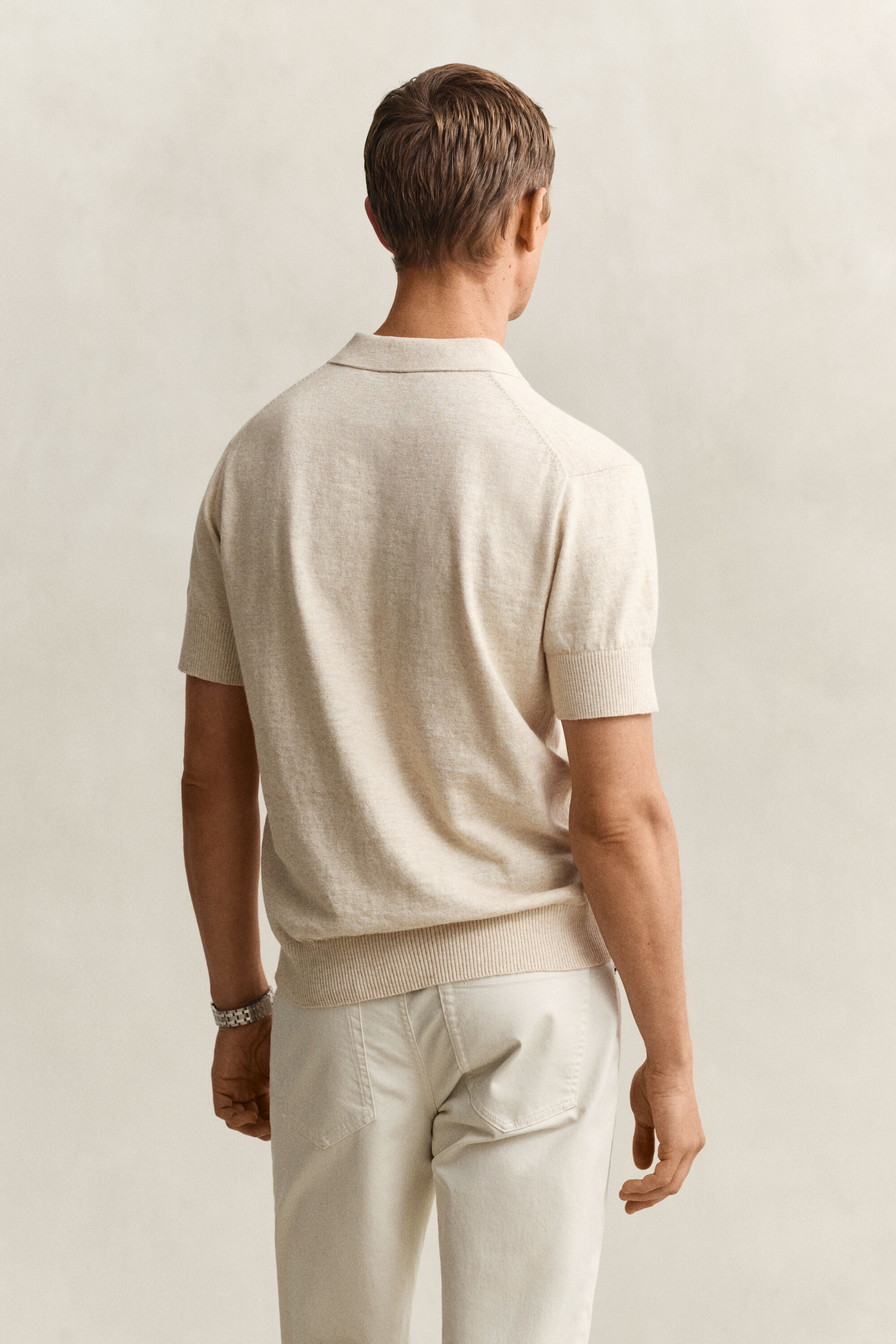 Pull à manches courtes façon polo en coton mélangé flammé