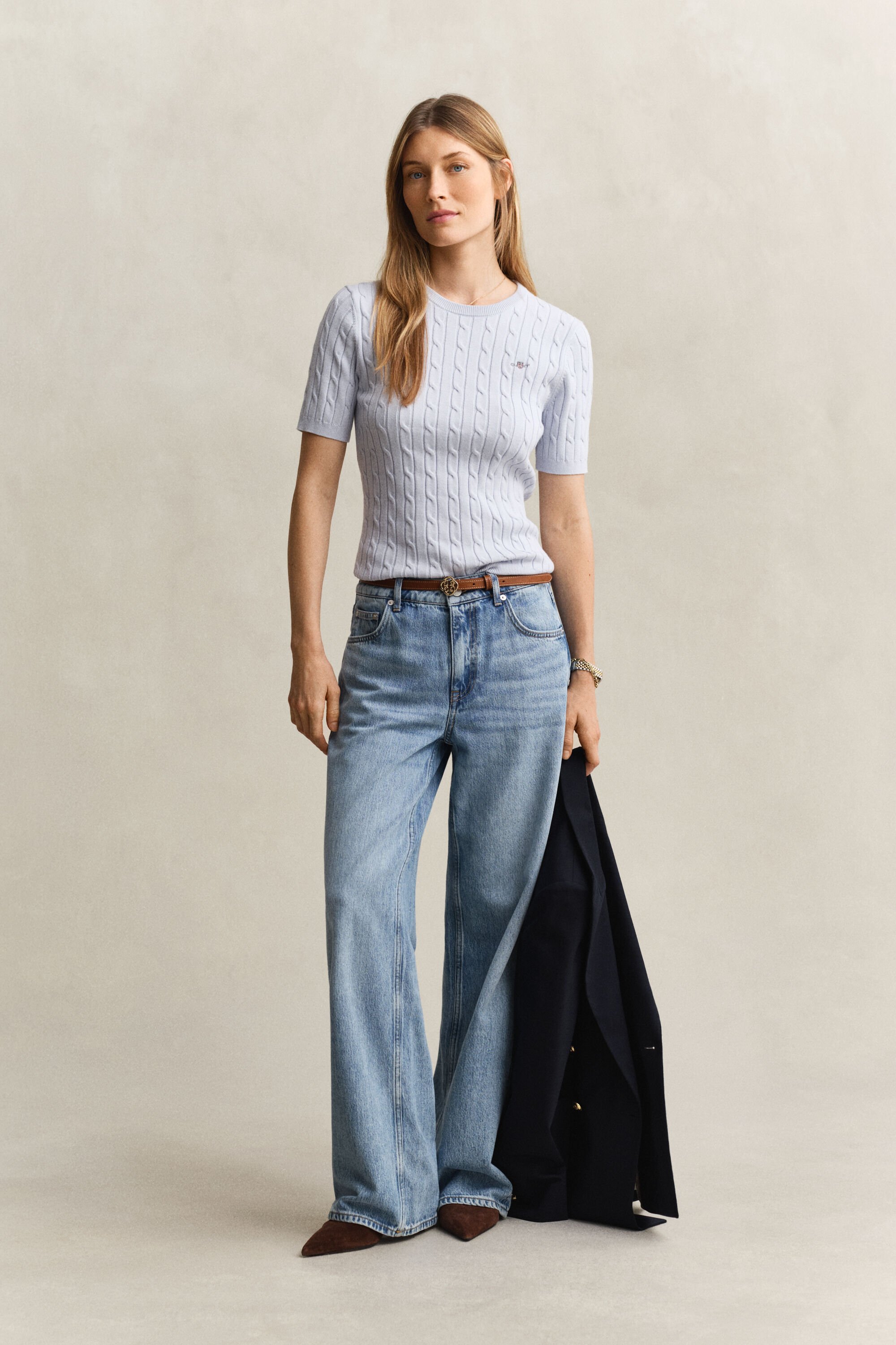 Gebreide kabeltrui met korte mouwen