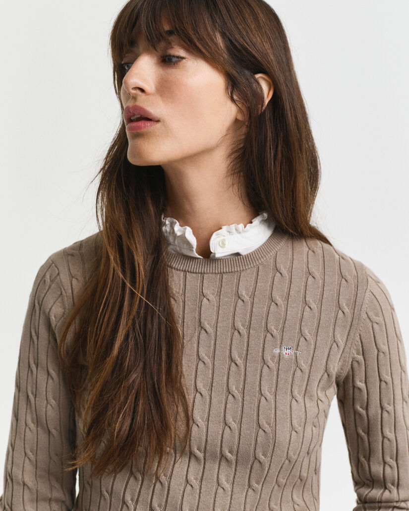 Pull col rond en maille de coton stretch à torsades