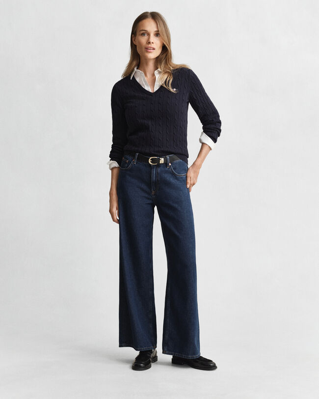 Gebreide kabeltrui met V-hals van stretchkatoen