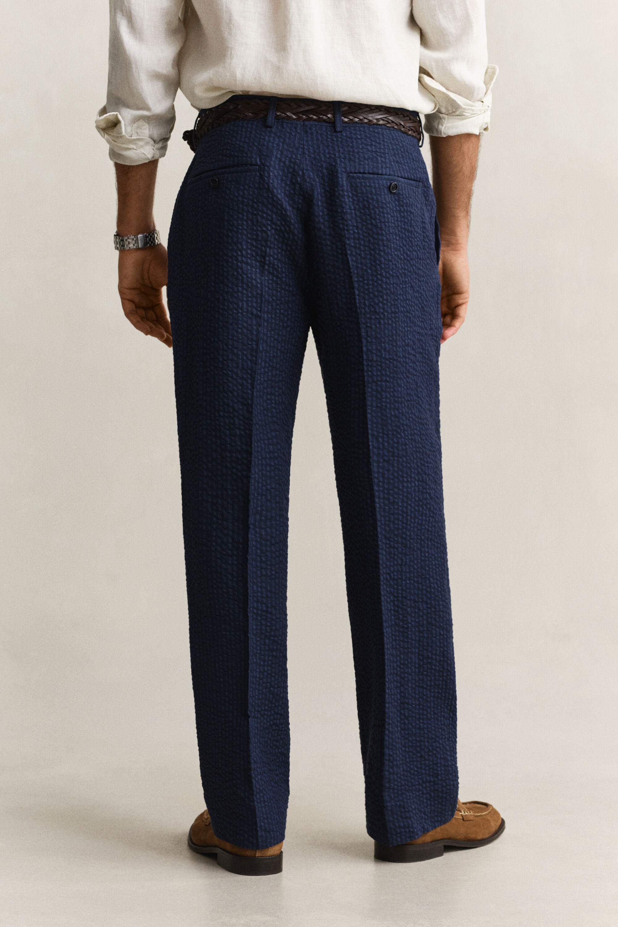 Pantalon de costume en seersucker indigo
