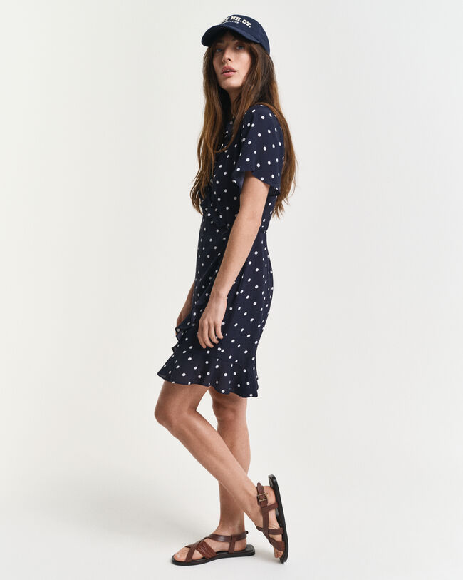 Jurk met ruche en stippenprint