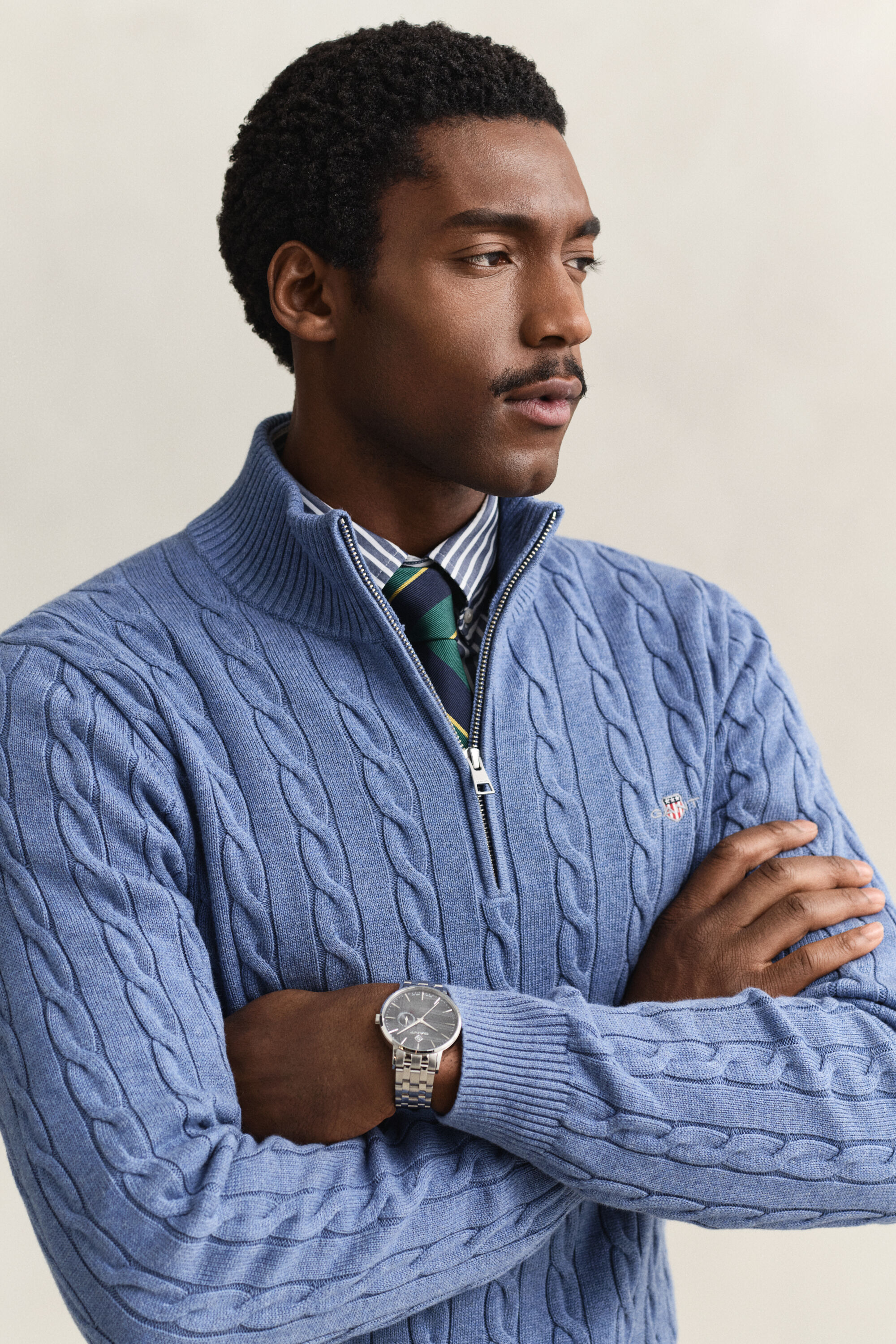 Kabelgebreide trui met korte rit van katoen