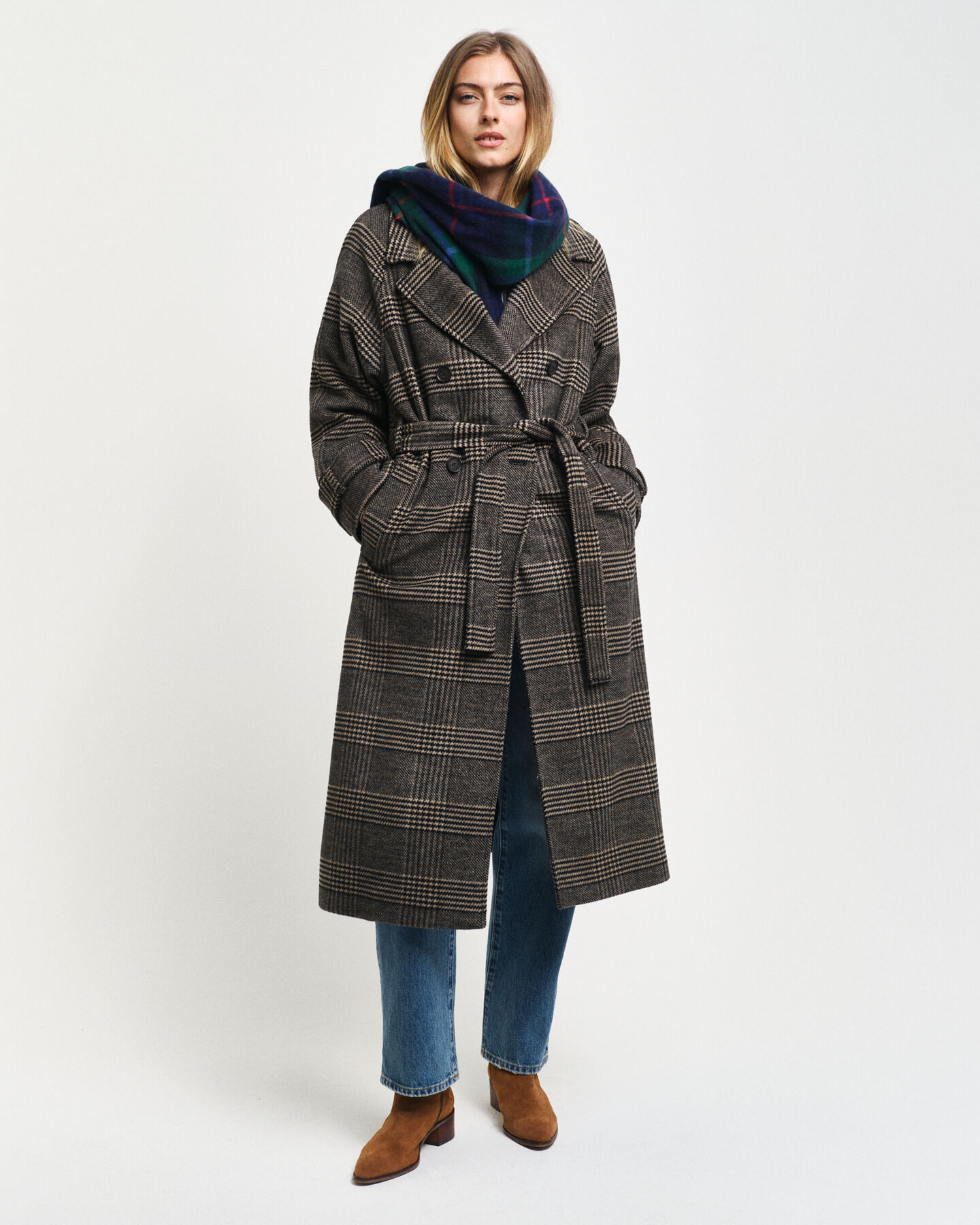 Trench-coat en laine à carreaux