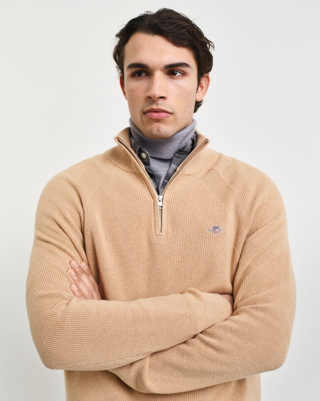 Pull &agrave; demi-zip en laine et coton c&ocirc;tel&eacute;s