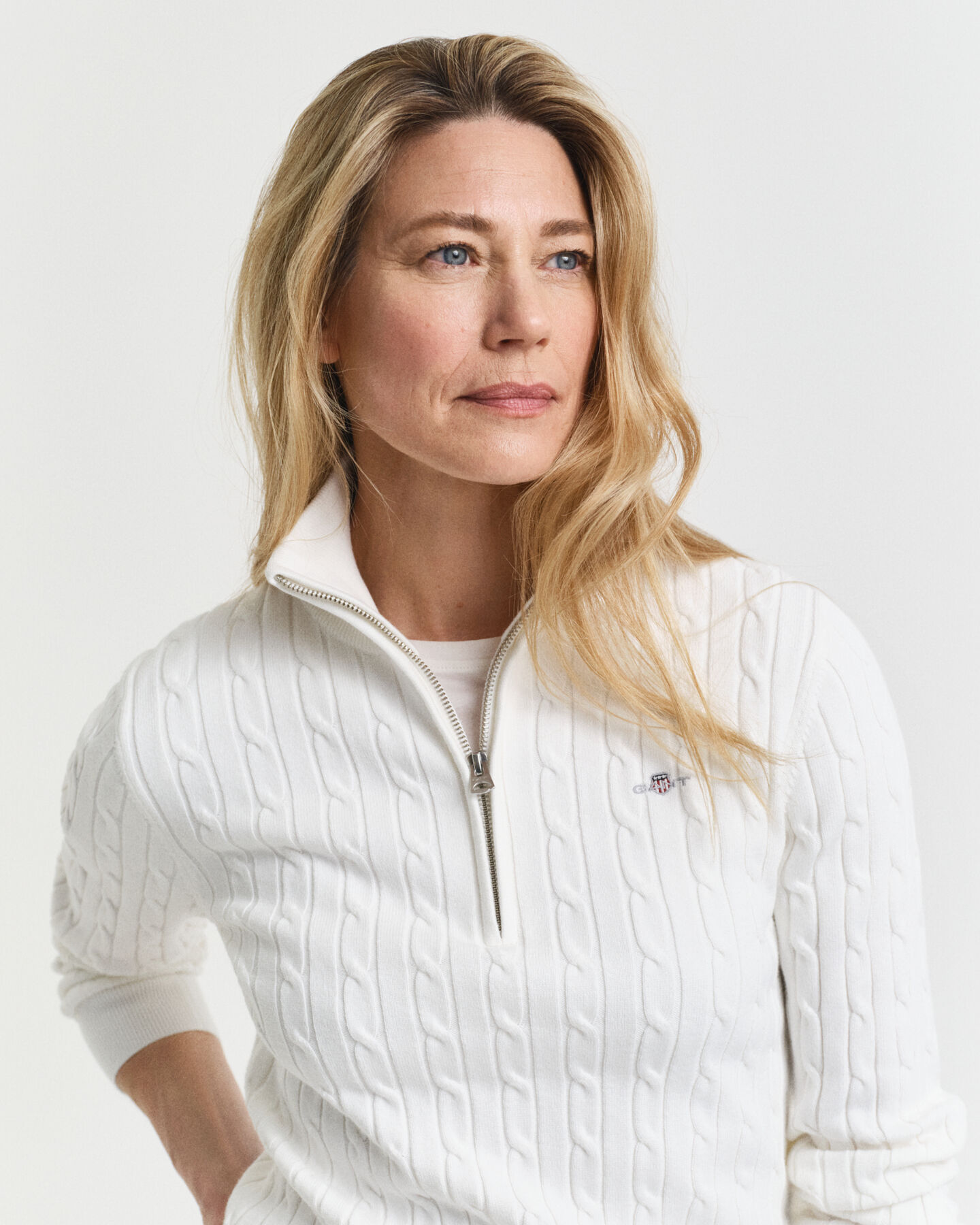 Kabelgebreide trui met korte rits van stretchkatoen