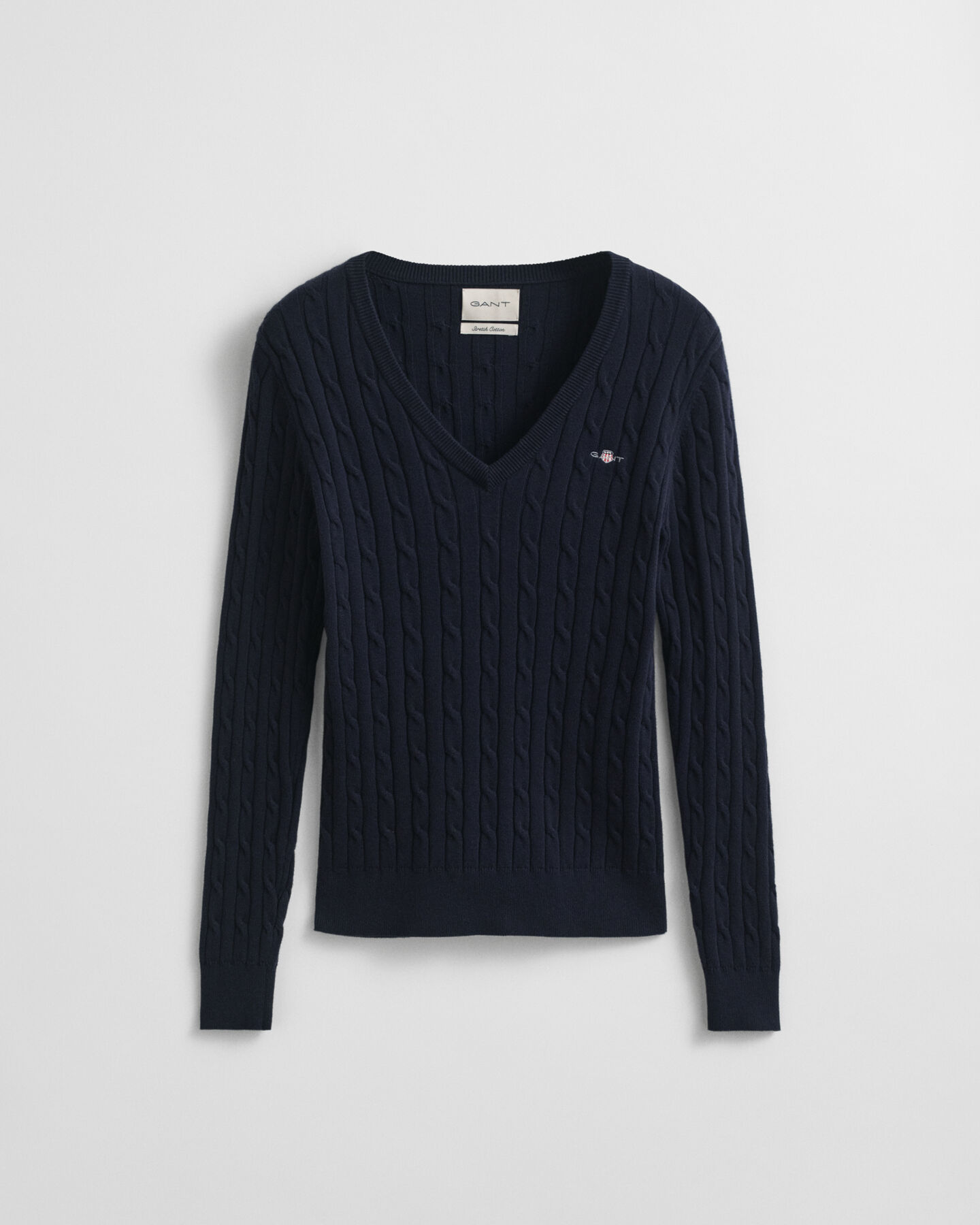 Gebreide kabeltrui met V-hals van stretchkatoen