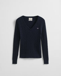 Gebreide kabeltrui met V-hals van stretchkatoen