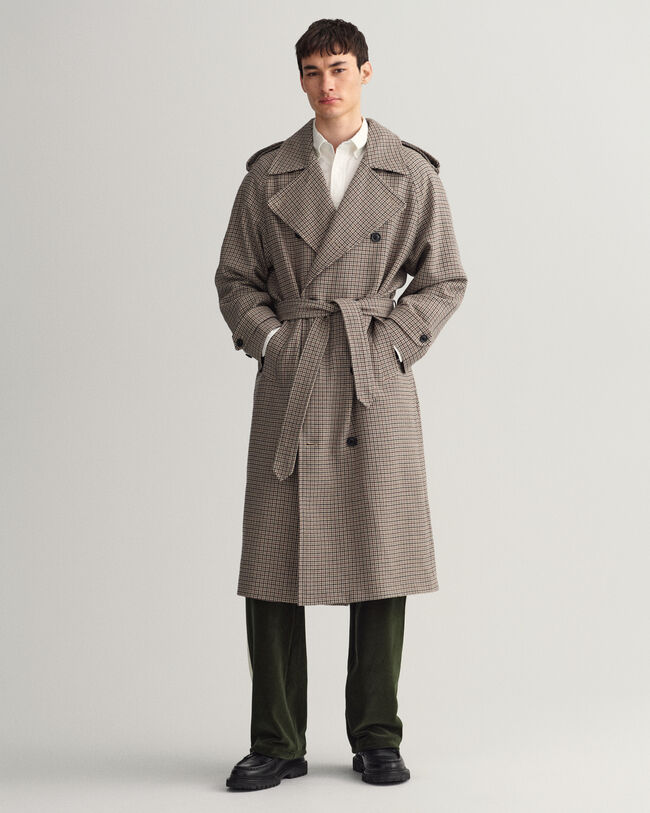 Trench-coat en laine à motif pied-de-poule