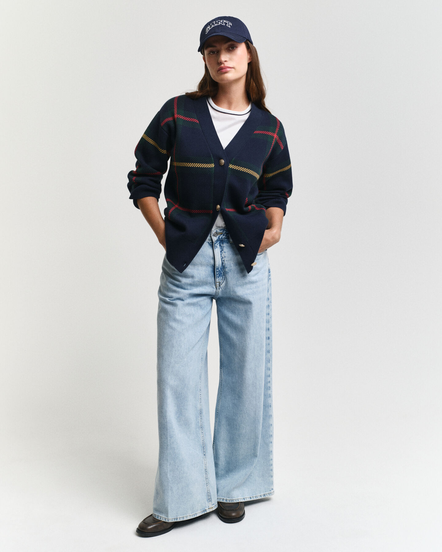 Cardigan col V à carreaux