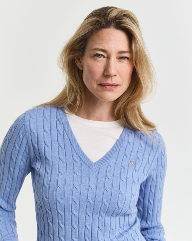 Gebreide kabeltrui met V-hals van stretchkatoen