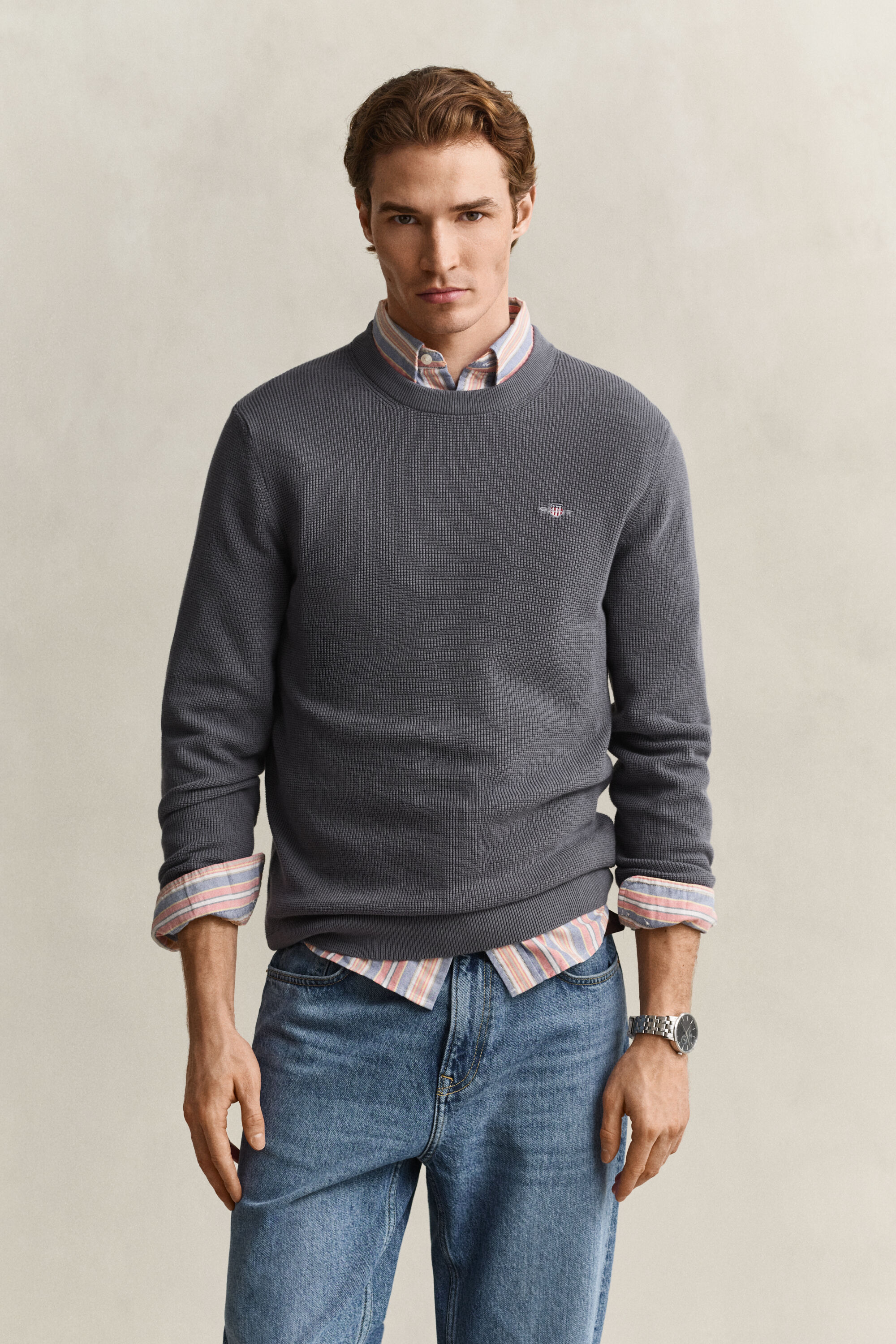 Katoenen Textured sweater met ronde hals