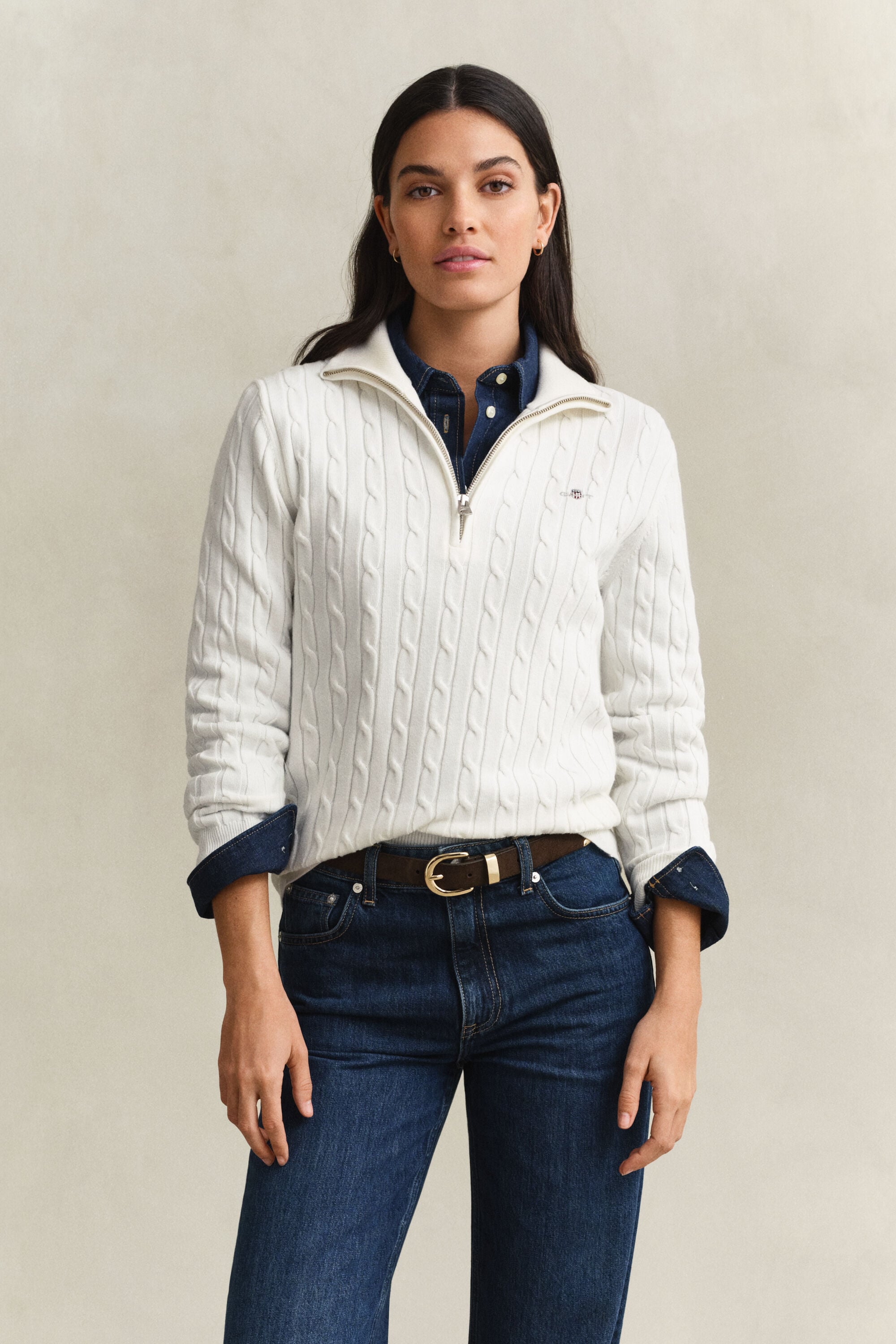 Pull à demi-zip en maille torsadée extensible