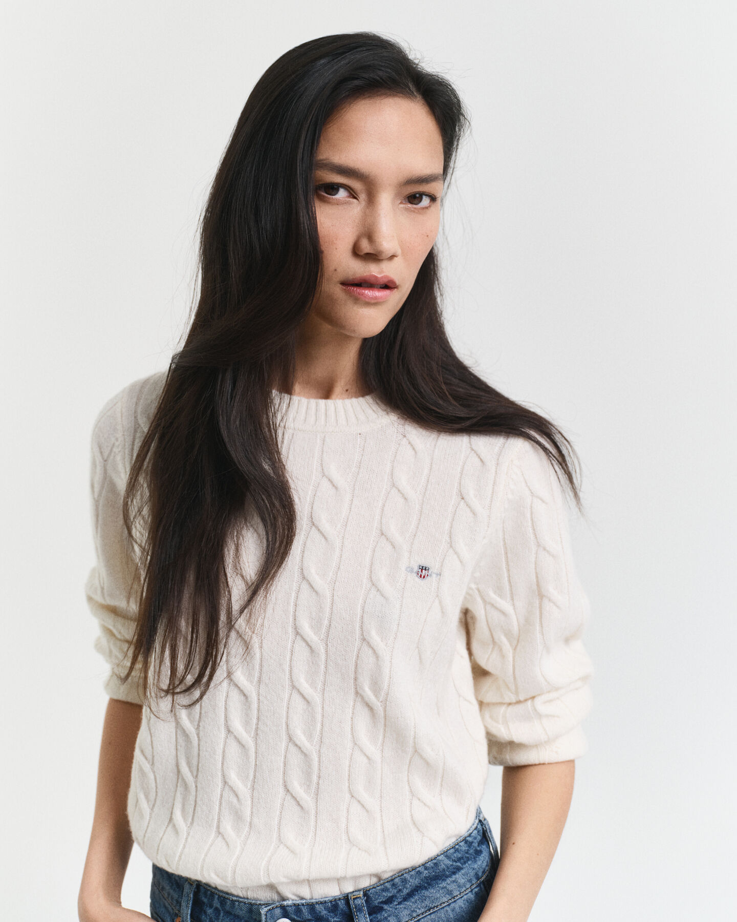 Pull col rond en maille torsadée en laine d'agneau