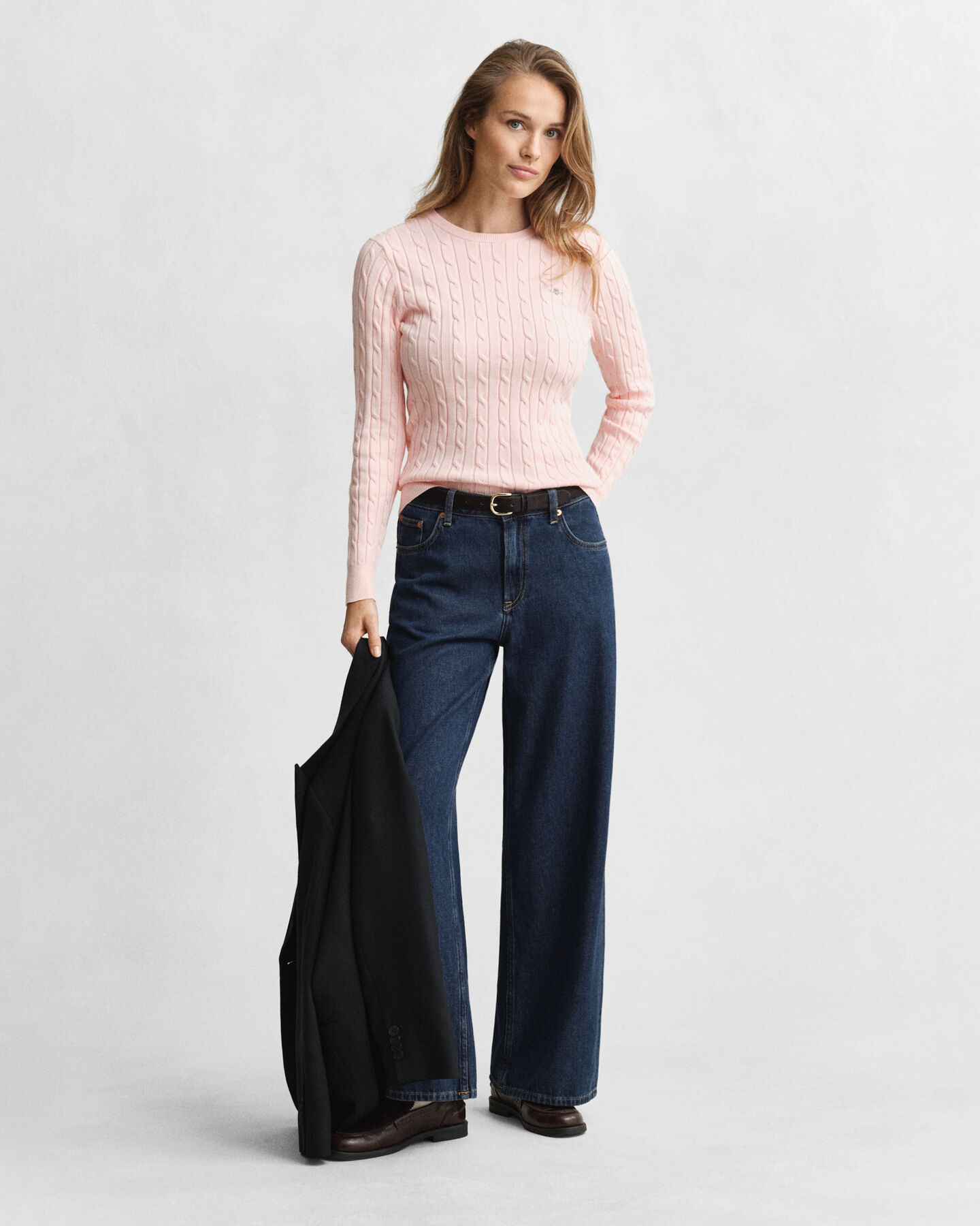 Gebreide kabeltrui met ronde hals van stretchkatoen