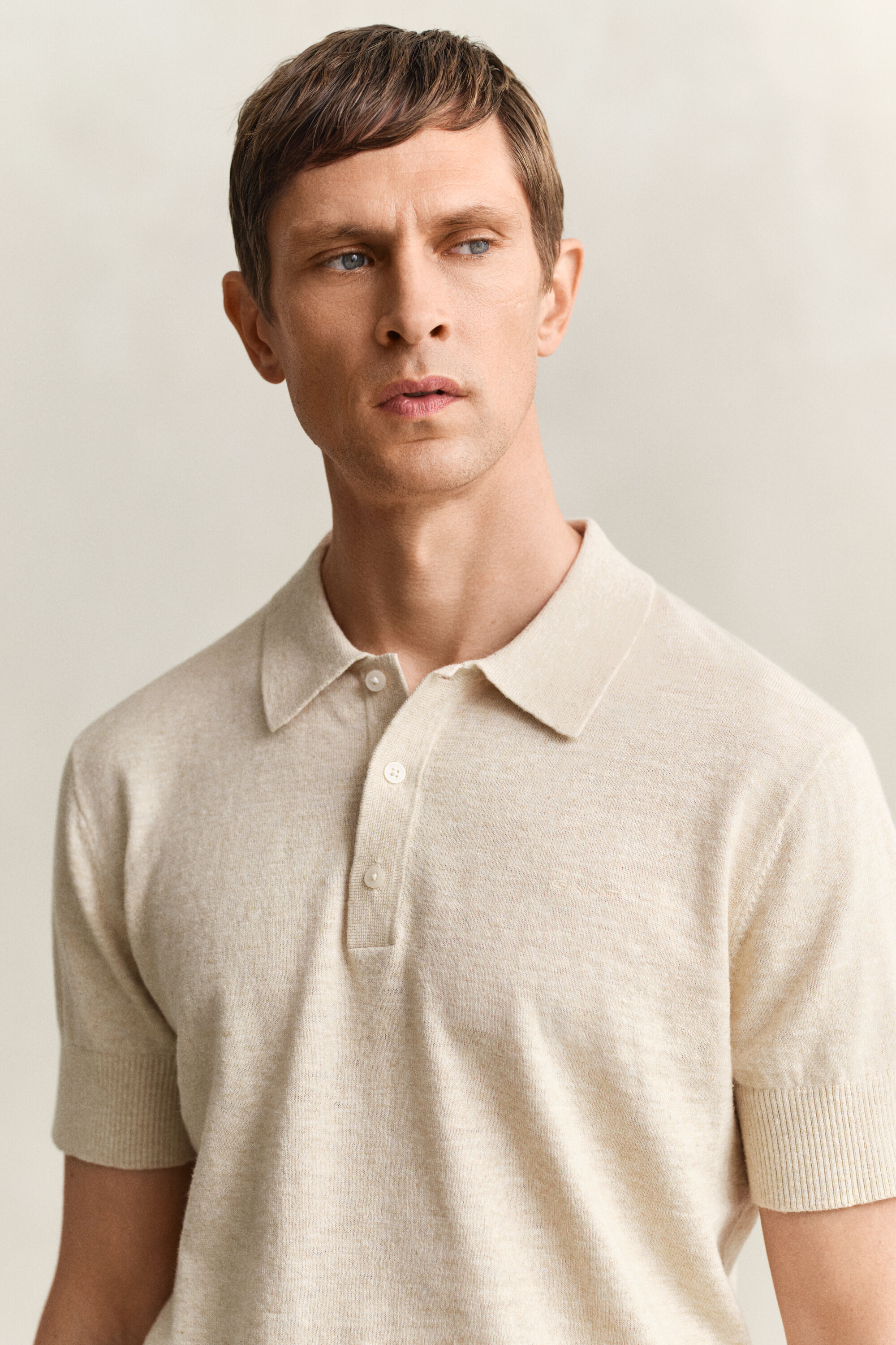 Pull à manches courtes façon polo en coton mélangé flammé