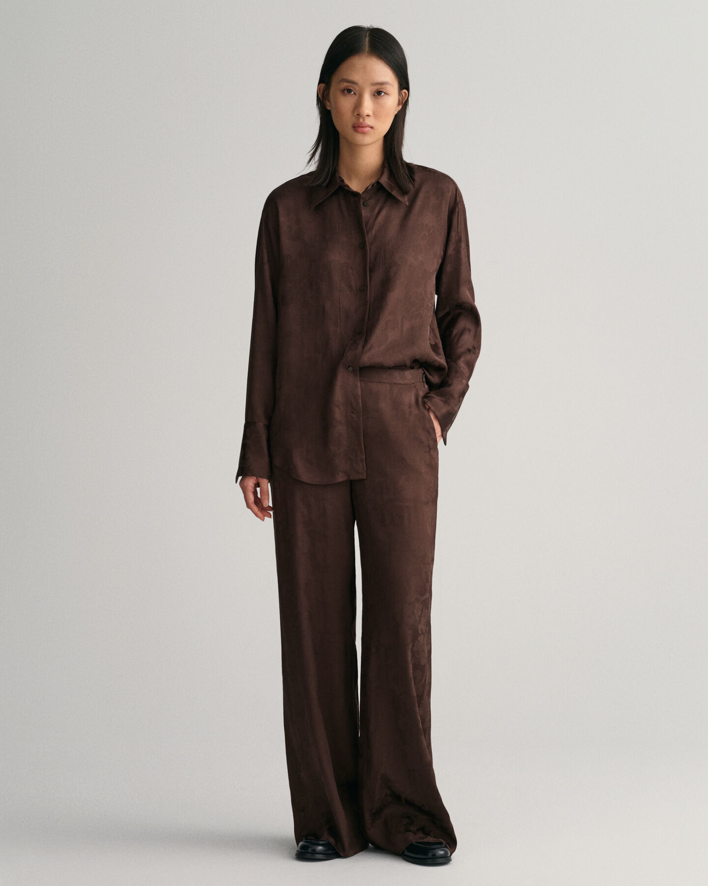 Jacquard broek met wijde pijp en kant