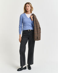 Gebreide kabeltrui met V-hals van stretchkatoen