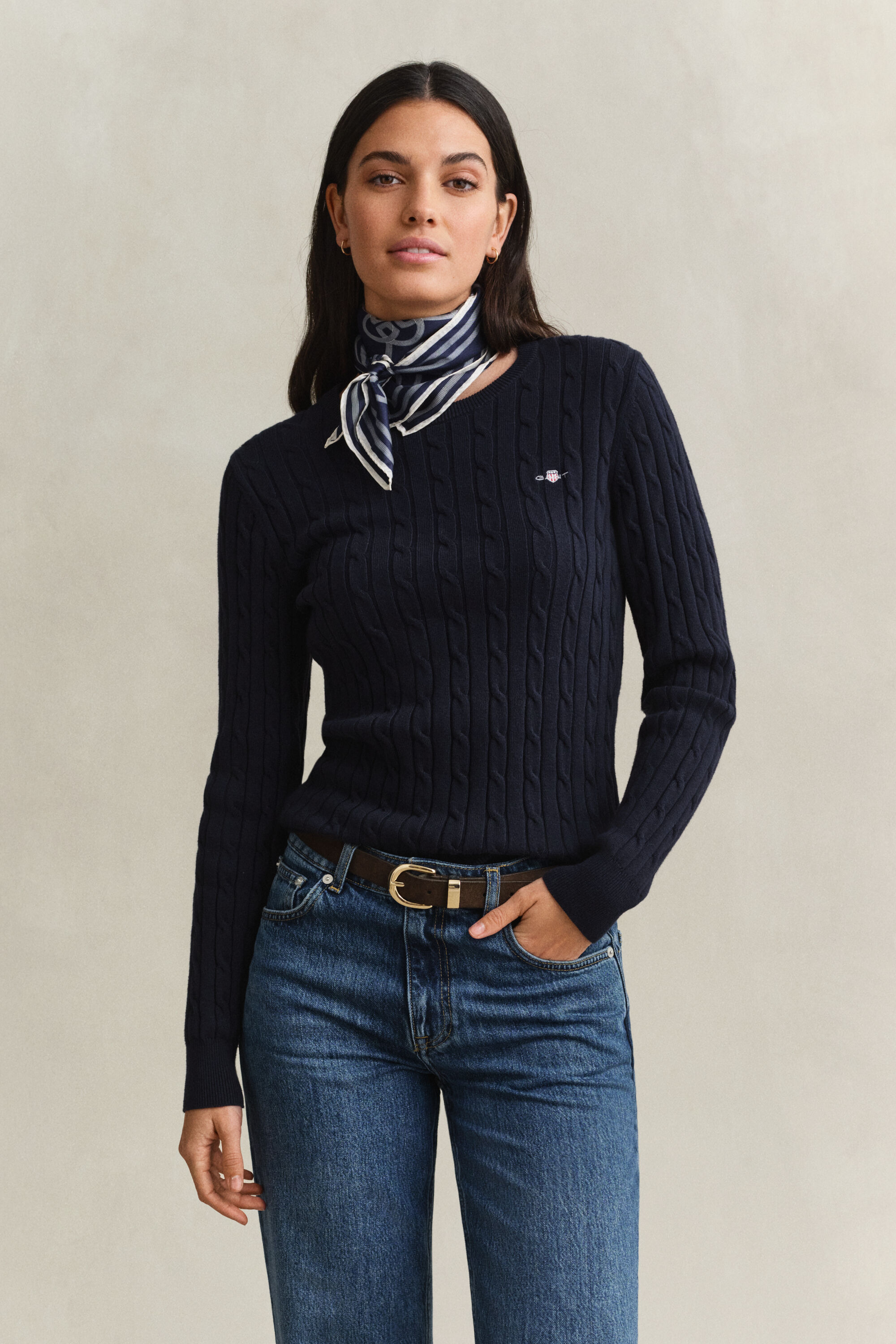 Pull col rond en maille de coton stretch à torsades