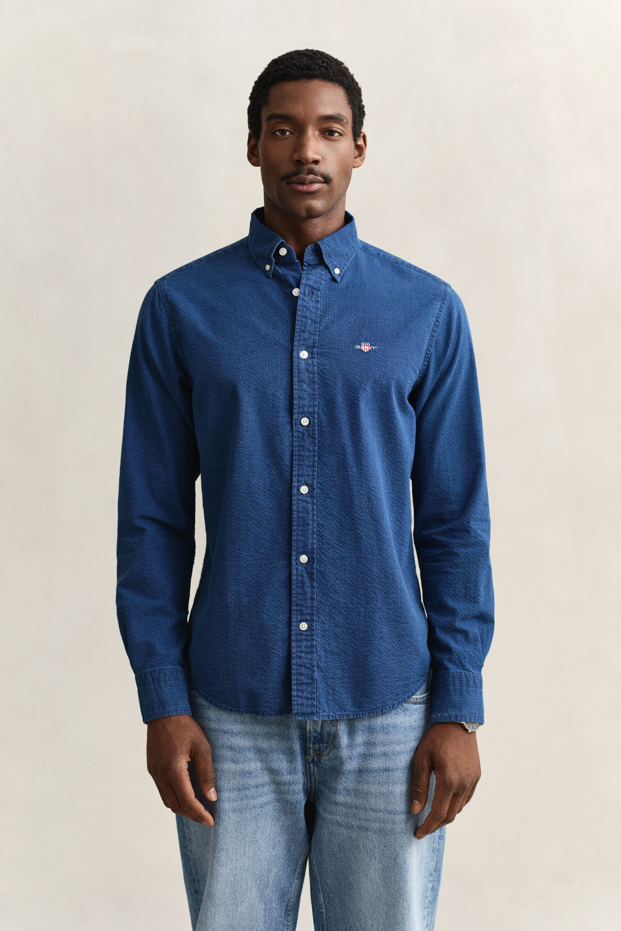Indigo seersucker overhemd