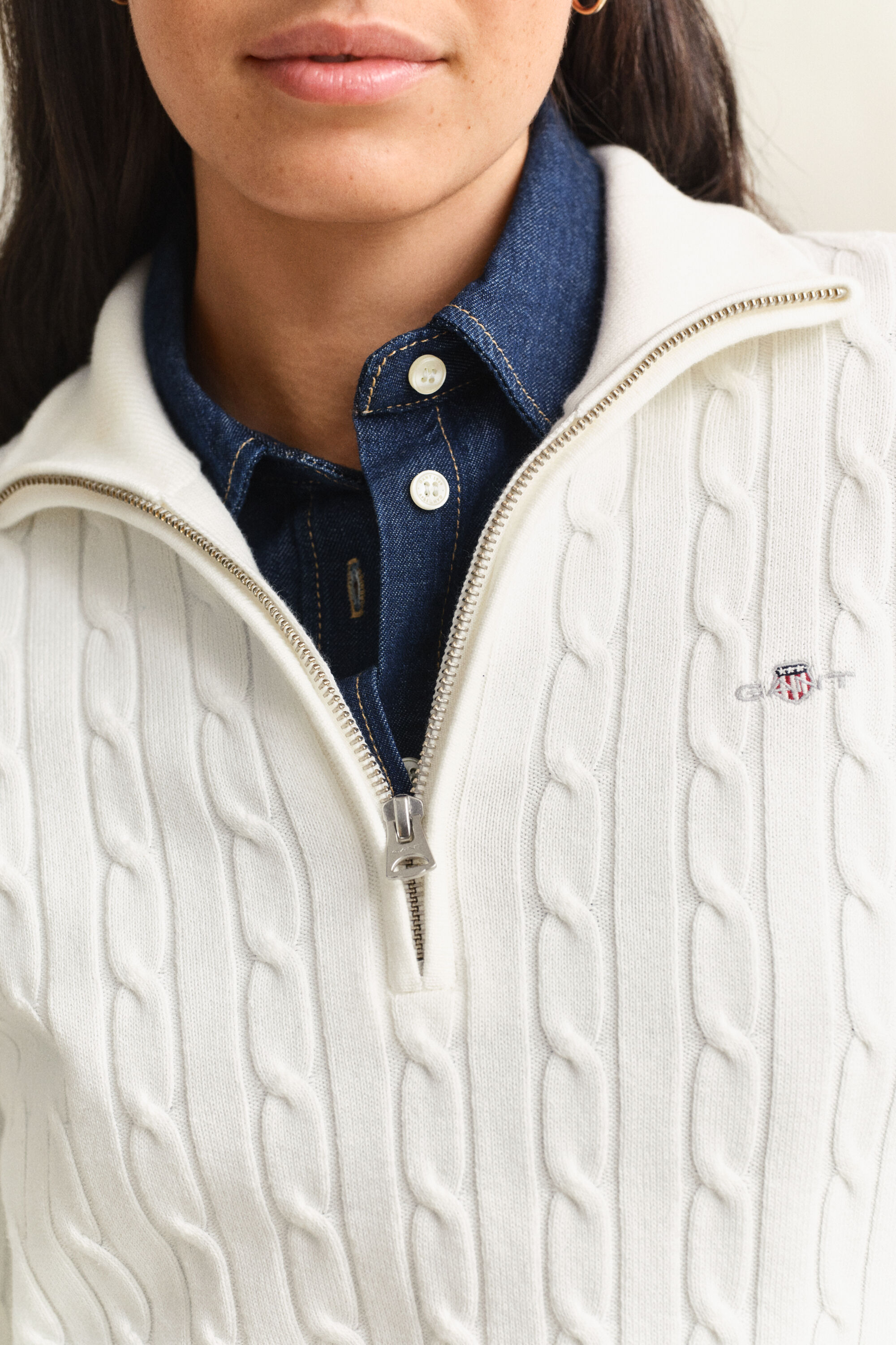 Pull à demi-zip en maille de coton torsadée stretch
