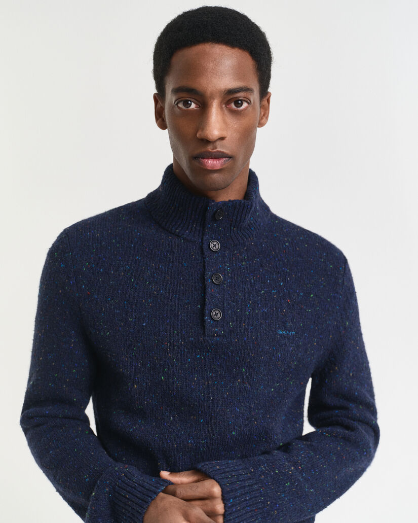Pull semi-boutonné en laine mélangée mouchetée