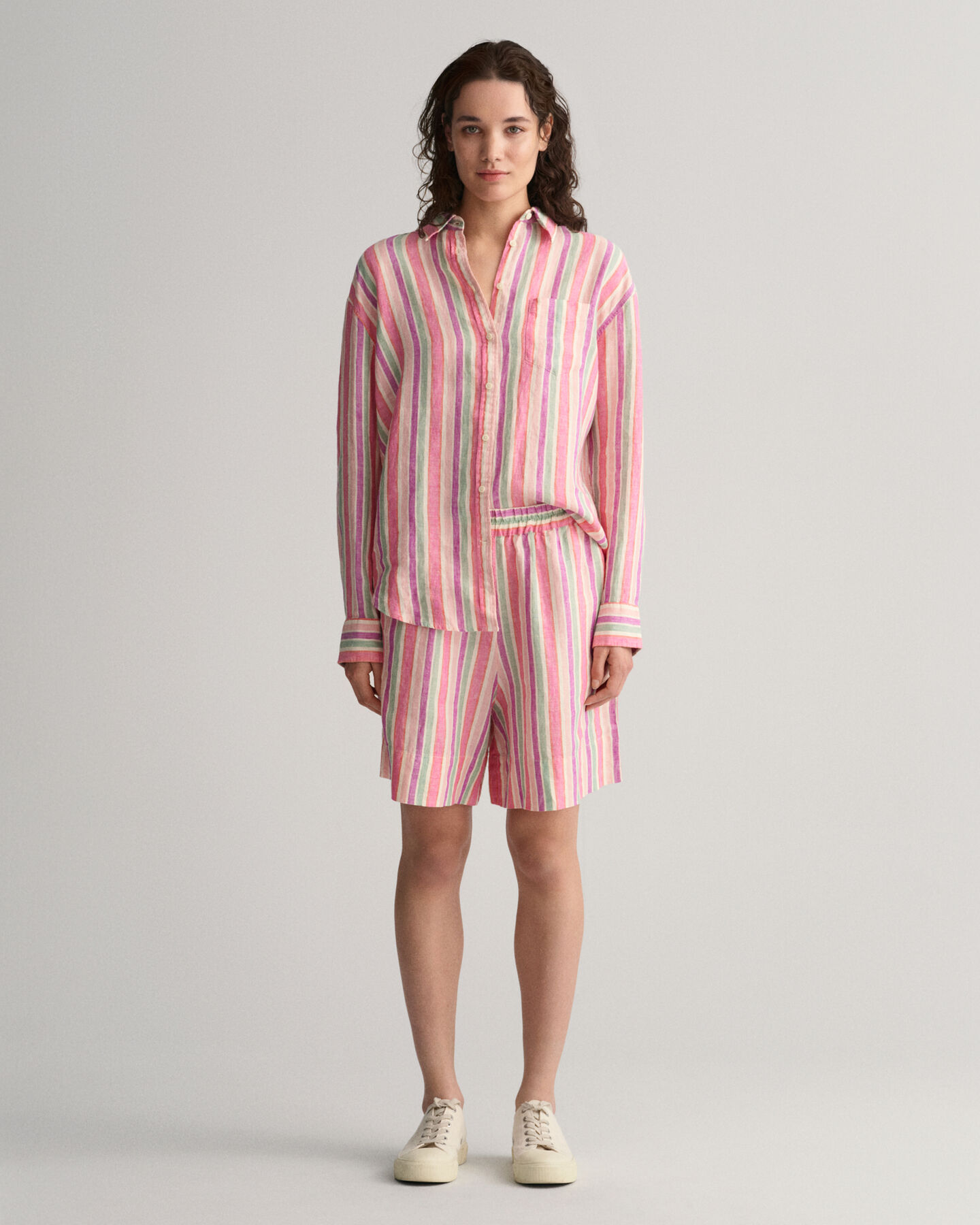 Short en lin à rayures multicolores Pull-On