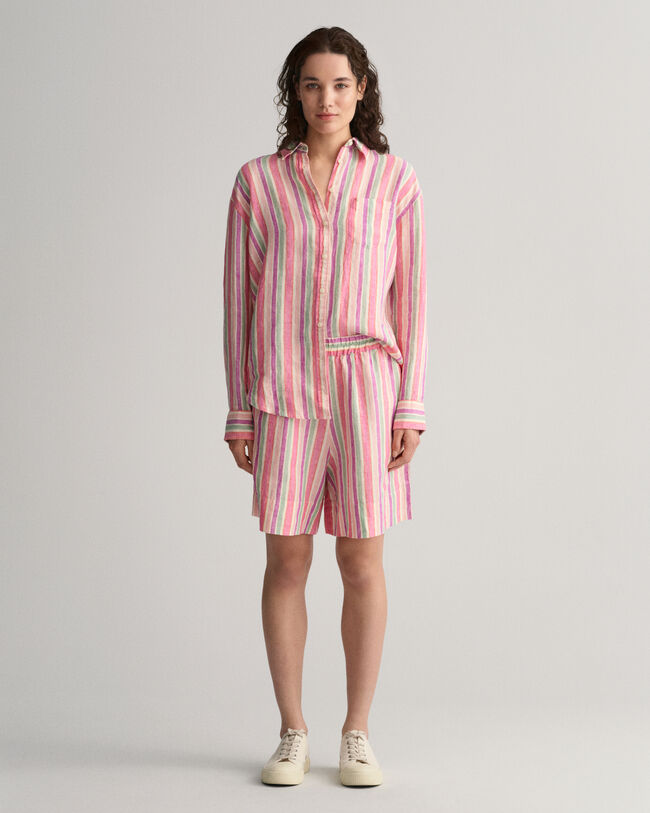 Short en lin à rayures multicolores Pull-On