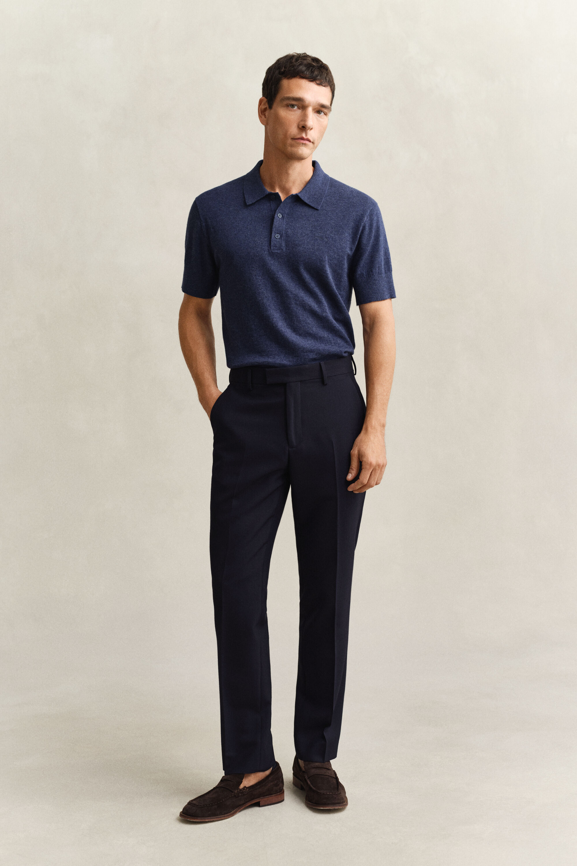 Pull à manches courtes façon polo en coton mélangé flammé