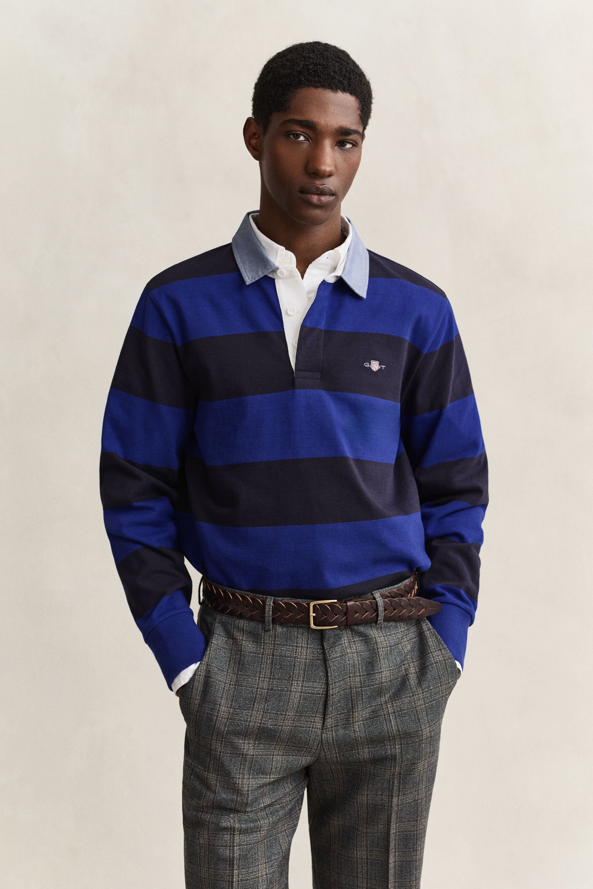 Gestreepte Heavy Rugger met chambray kraag