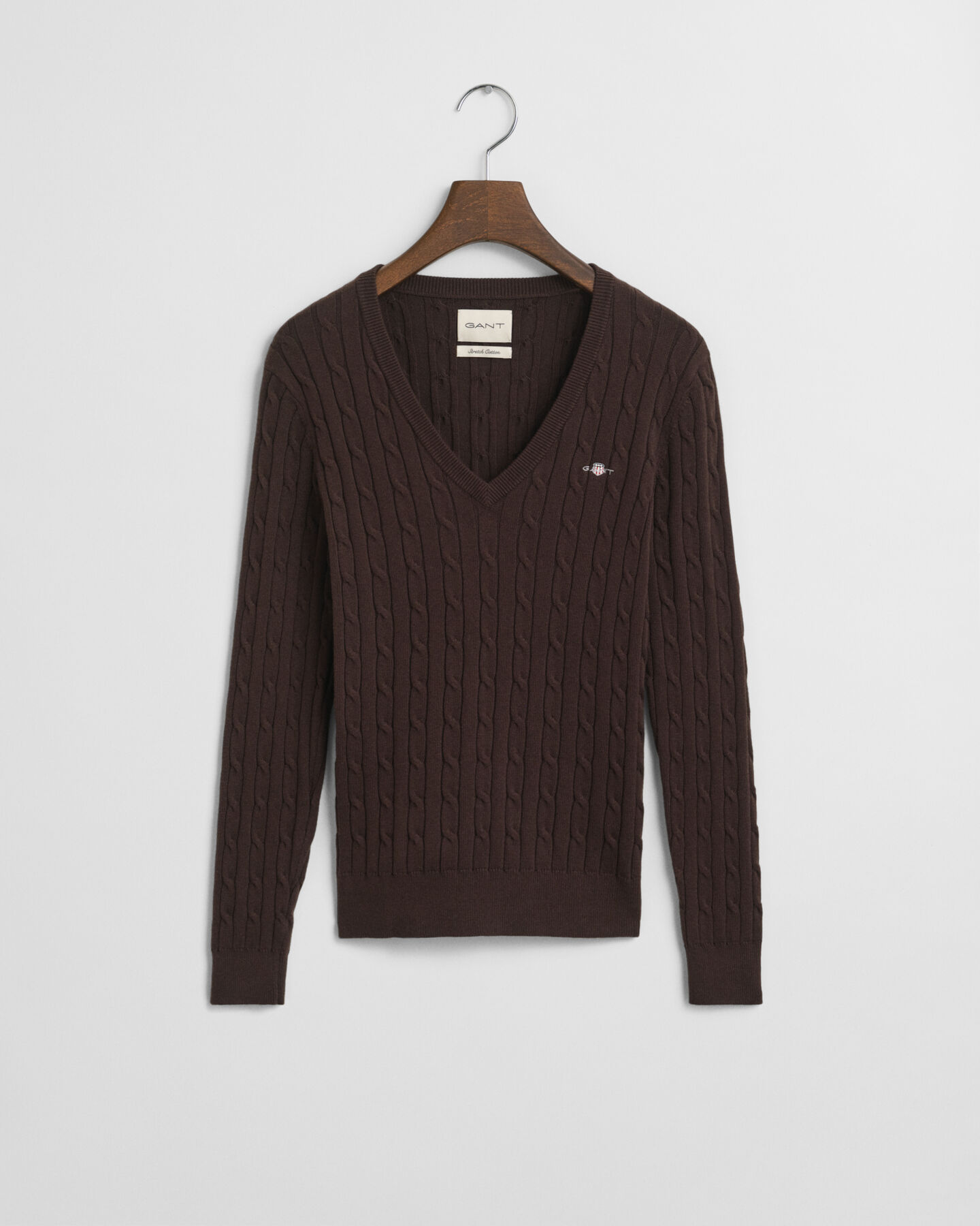 Gebreide kabeltrui met V-hals van stretchkatoen