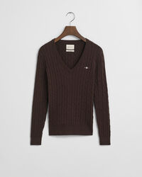 Gebreide kabeltrui met V-hals van stretchkatoen