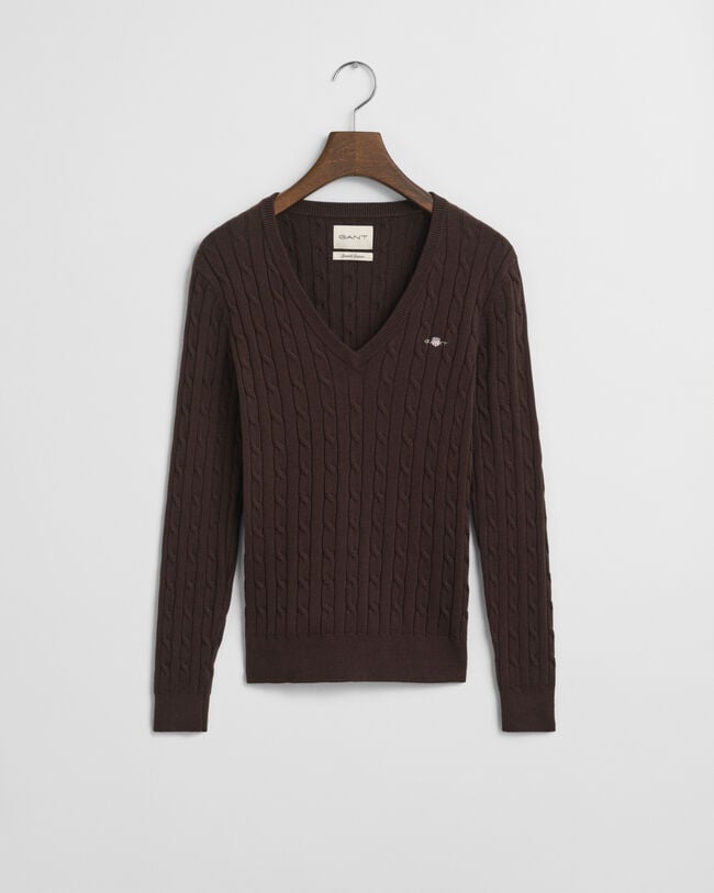 Gebreide kabeltrui met V-hals van stretchkatoen