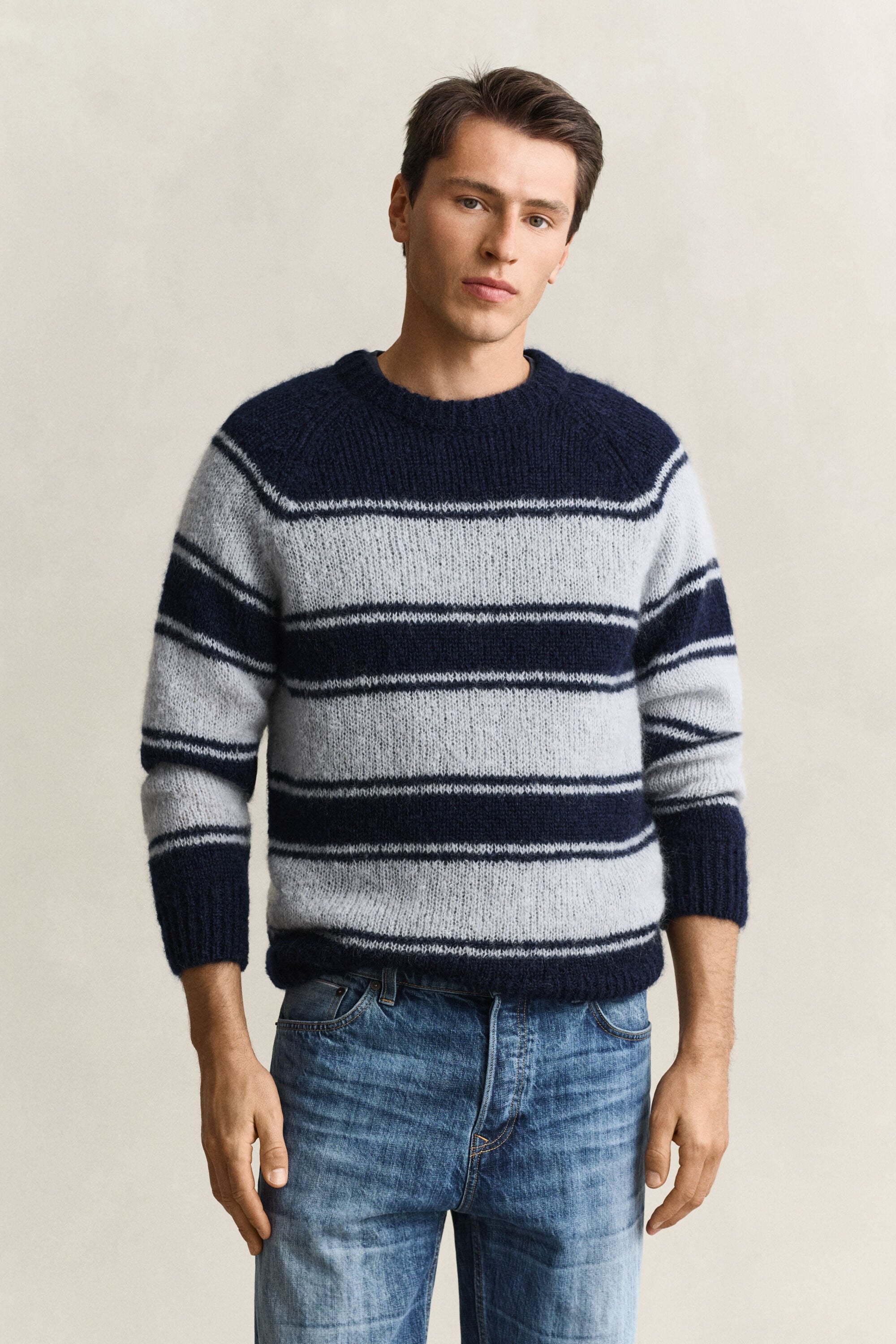 Pull col rond en mohair mélangé à rayures