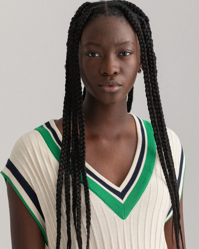 Pull sans manches en maille c&ocirc;tel&eacute;e &agrave; rayures