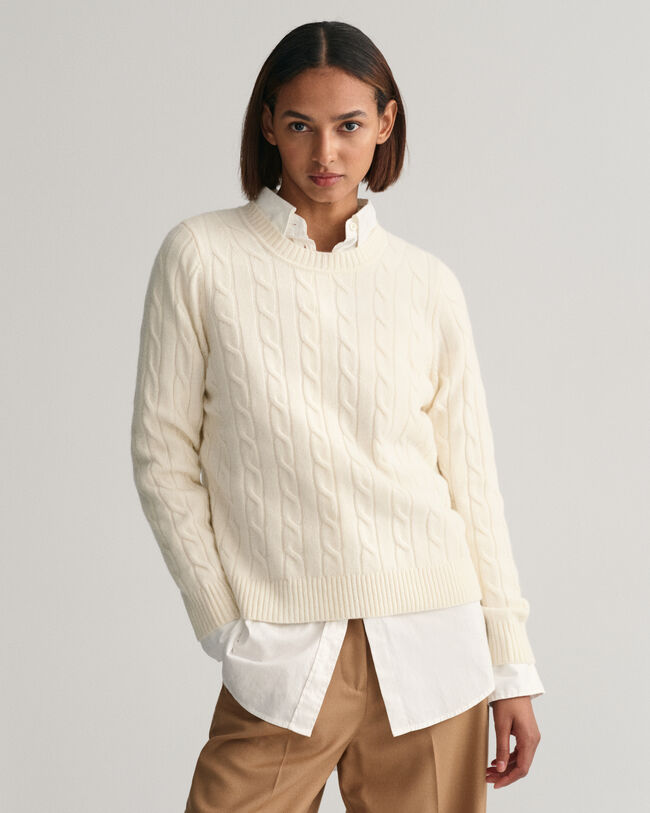 Lamswollen kabeltrui met ronde hals