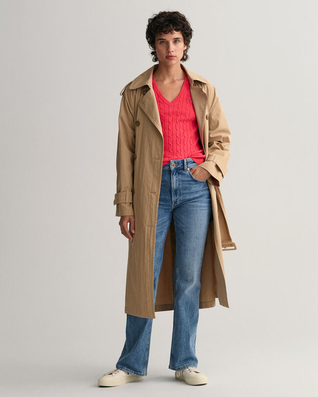 Pull col V en maille de coton stretch &agrave; torsades