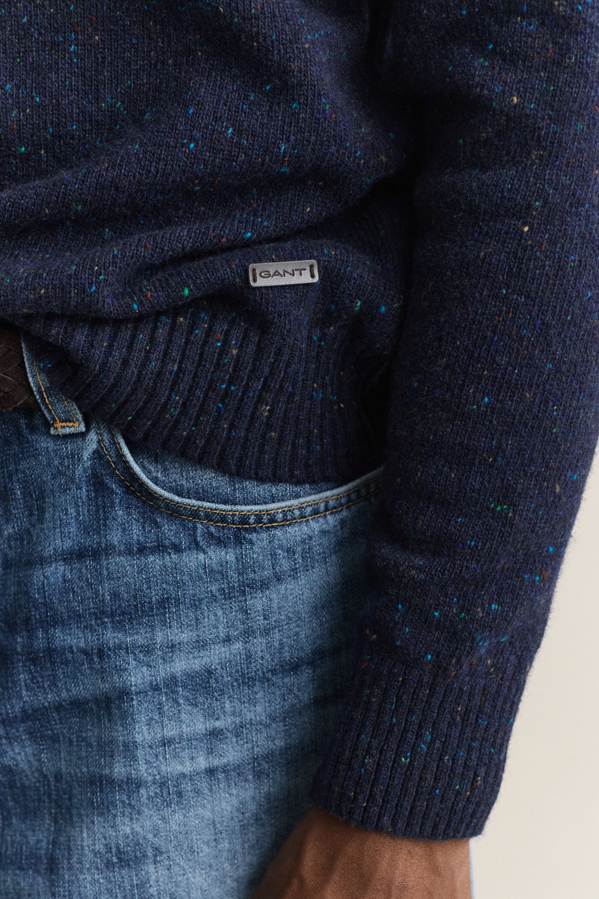 Pull façon polo en laine mouchetée mélangée