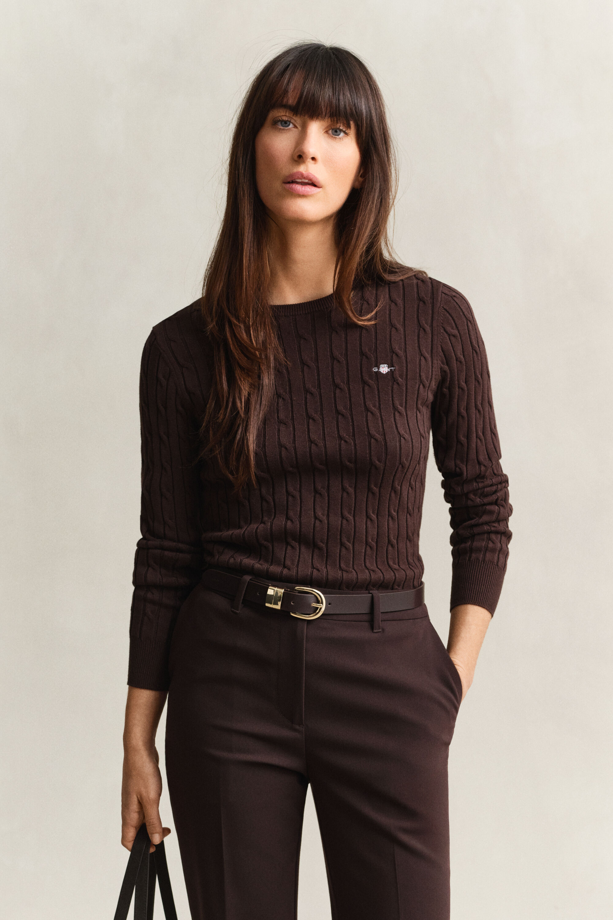Pull col rond en maille de coton stretch à torsades